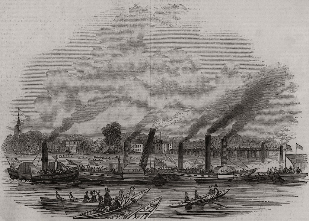Thames Regatta - Putney Bridge. London 1844 old antique vintage print picture